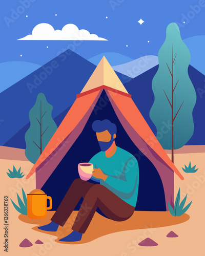 With a cup of steaming chai tea in hand the digital nomad sinks into their plush bed inside the tent taking a moment to relax and enjoy the quiet desert atmosphere.. Vector illustration