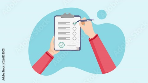 Checklist animation with hands ticking items on a clipboard, emphasizing task completion and efficiency, suitable for project management.