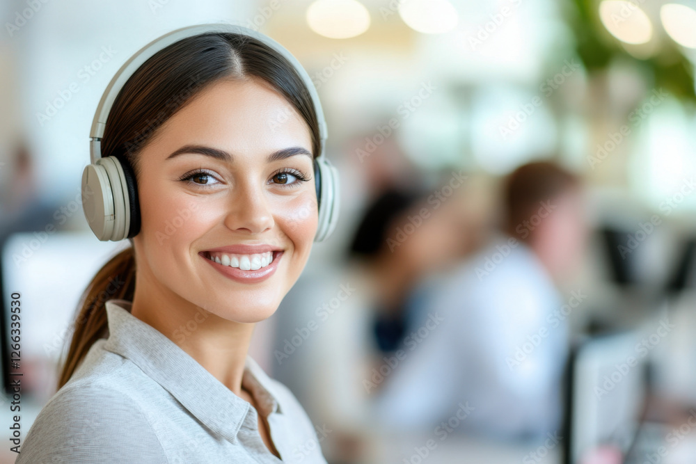 smiling customer service representative wearing headphones in office environment, showcasing friendly and professional demeanor