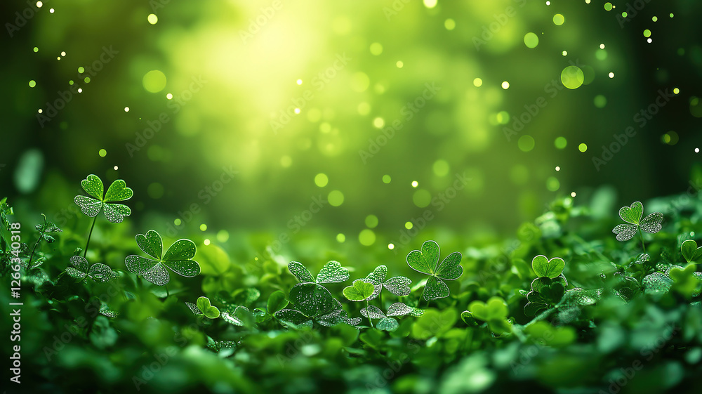 Green bokeh lights and clover confetti create a festive St Patrick’s Day atmosphere Green bokeh lights and clover confetti create a festive St Patrick’s Day atmosphere