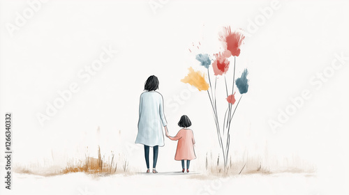 Minimalist line drawing of mother and daughter with pastel flower against beige background