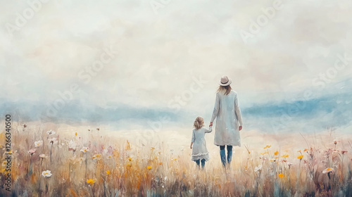 Soft watercolor painting of mother and daughter walking through wildflower field towards distant landscape