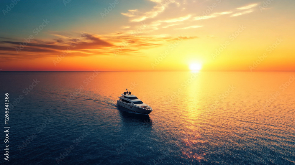 luxury yacht floating on calm sea during stunning sunset, creating serene and picturesque scene. vibrant colors of sky reflect beautifully on water surface luxury yacht floating on calm sea during stunning sunset, creating serene and picturesque scene. vibrant colors of sky reflect beautifully on water surface