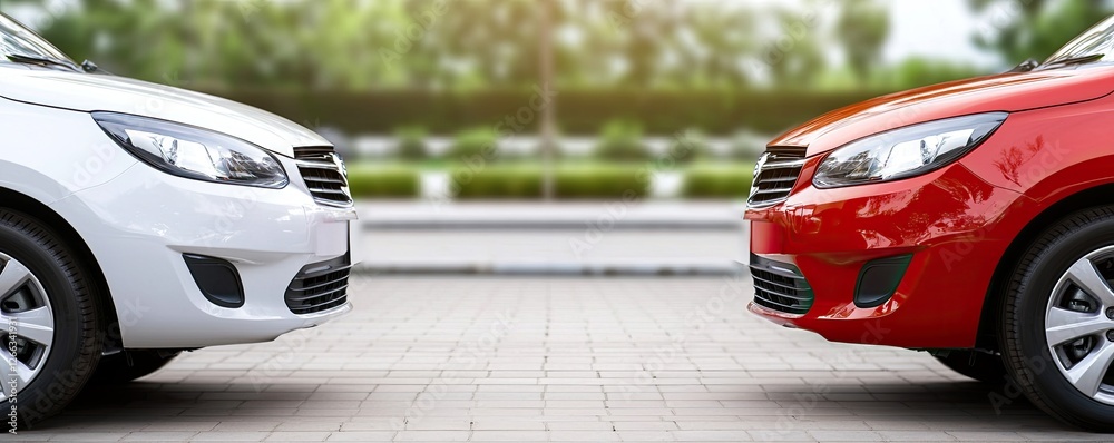 Fototapeta premium A white car faces a red car on a paved street, surrounded by greenery, showcasing a modern automotive scene.