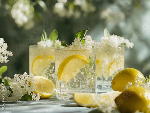 Refreshing Lemonade with Elderflower Blossoms in Summery Still Life