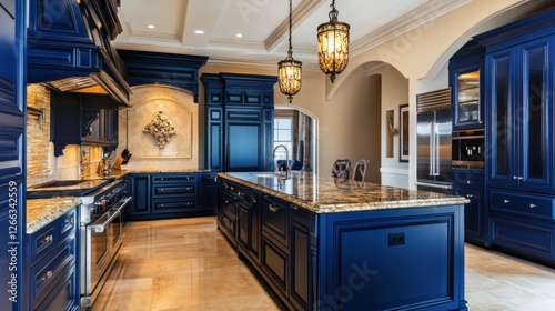 Opulent navy blue kitchen design with ornate details and granite countertops
