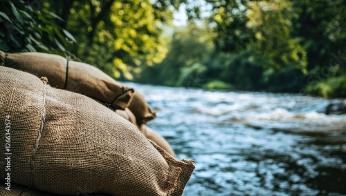 Sandbags by River, Forest Background, Defense Preparation photo
