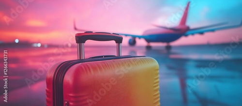 Colorful suitcase in foreground with airplane on runway at sunset, evoking travel excitement