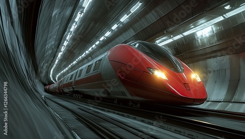 Fast train speeds through dark tunnel, city background photo