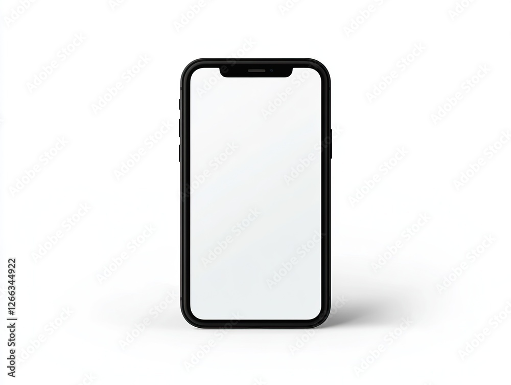 Modern phone model, blank screen on plain white background, front view, minimalist design of application display Modern phone model, blank screen on plain white background, front view, minimalist design of application display