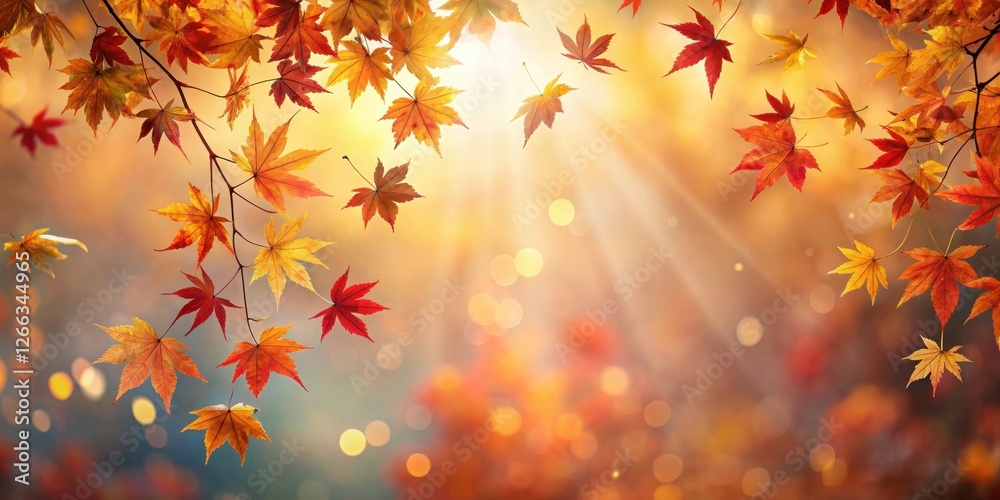 Autumnal foliage bathed in radiant sunlight, showcasing vibrant red and gold leaves against a bokeh background. Autumnal foliage bathed in radiant sunlight, showcasing vibrant red and gold leaves against a bokeh background.
