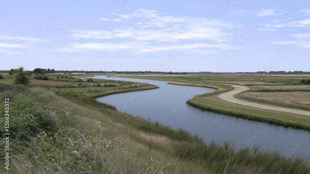 Serene river bend through rural landscape, sunny day