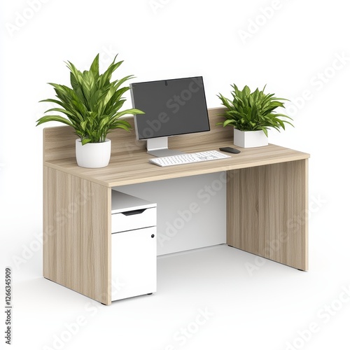 Modern Office Desk With Minimalist Design And Greenery, Generative AI.