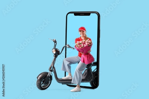 Female courier with bouquet...