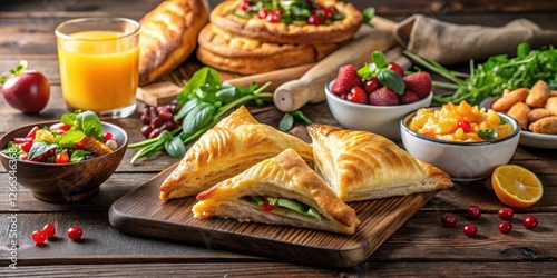 Wallpaper Mural A delightful assortment of pastries, fresh fruit, and vibrant salads arranged on a rustic wooden table, creating a visually appealing and appetizing culinary scene. Torontodigital.ca