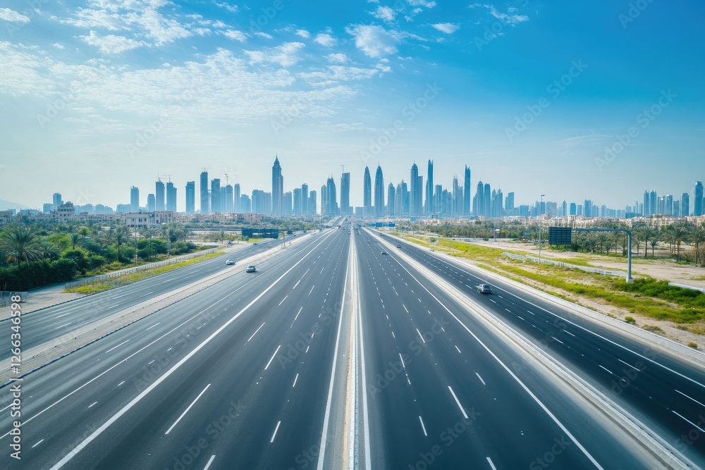 Fototapeta premium Empty highway through Dubai skyline, city view