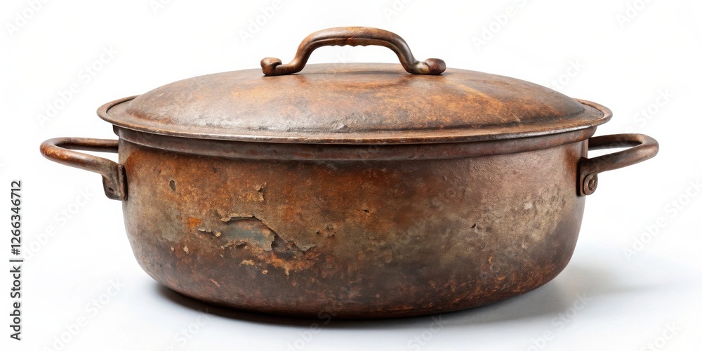 A weathered, antique cooking pot with a lid, showcasing a rustic patina and signs of age A weathered, antique cooking pot with a lid, showcasing a rustic patina and signs of age