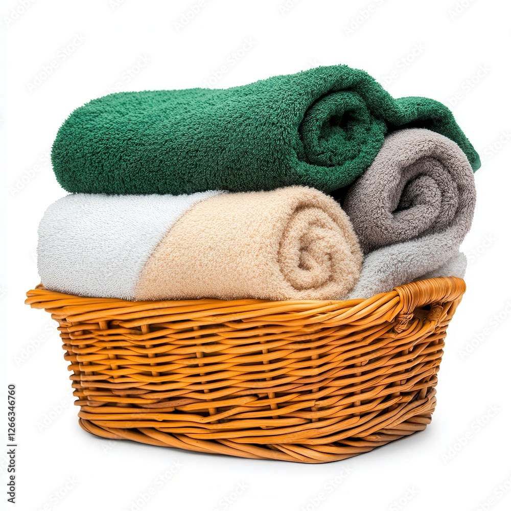 Soft Towels in Wicker Laundry Basket, Generative AI. Soft Towels in Wicker Laundry Basket, Generative AI.