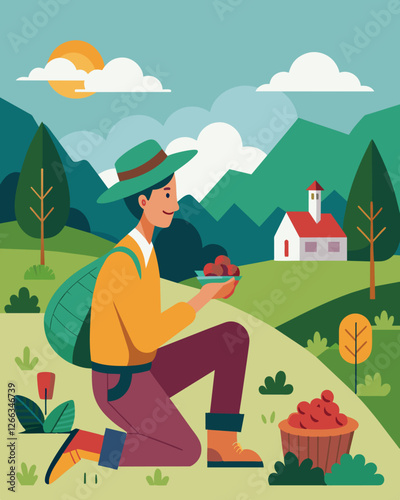 While taking a break from work the digital nomad wanders through the fields of their countryside estate collecting wild berries and herbs for their next meal.. Vector illustration