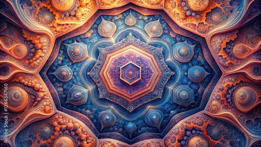 Fototapeta premium Intricate Symmetrical Design Featuring a Central Hexagon Surrounded by Organic, Swirling Patterns in Warm and Cool Hues