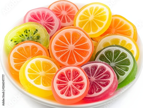 Colorful Fruit Slice Candies in White Bowl Sweet Treats Confectionery