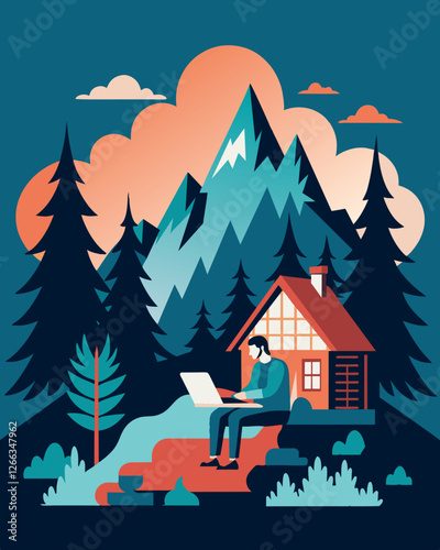 Working from a historic mountain retreat surrounded by towering pine trees and the soothing sound of a nearby babbling creek.. Vector illustration