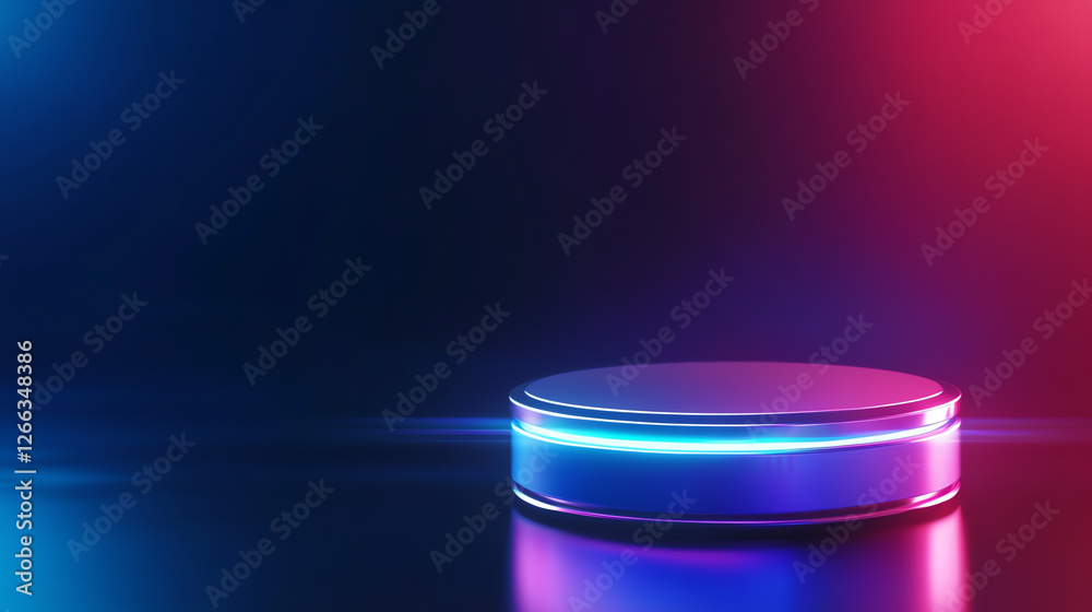 This vibrant image features a sleek podium illuminated by red and blue lights, perfect for showcasing products or creating a dynamic visual presentation for various media. This vibrant image features a sleek podium illuminated by red and blue lights, perfect for showcasing products or creating a dynamic visual presentation for various media.