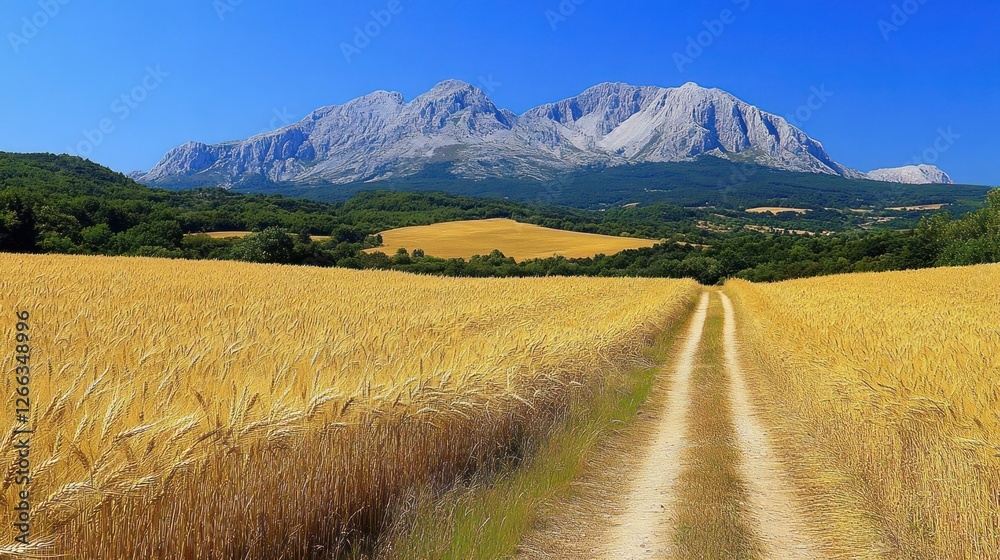 Fototapeta premium Serene Mountain Landscape with Golden Wheat Field and Dirt Road