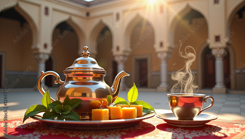 Fototapeta premium Elegant tea set with steaming cup, sweets, and mint leaves on a table in a beautiful courtyard