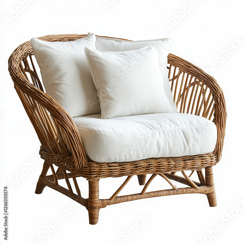 Woven Comfort: This inviting rattan chair with plush white cushions exudes a sense of serene relaxation, perfect for a cozy interior or an outdoor retreat.