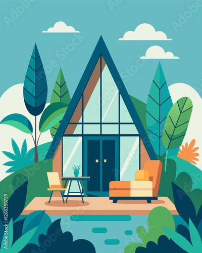 This vacationhome loft boasts a private garden entrance making it the perfect spot for productive and inspiring workdays.. Vector illustration