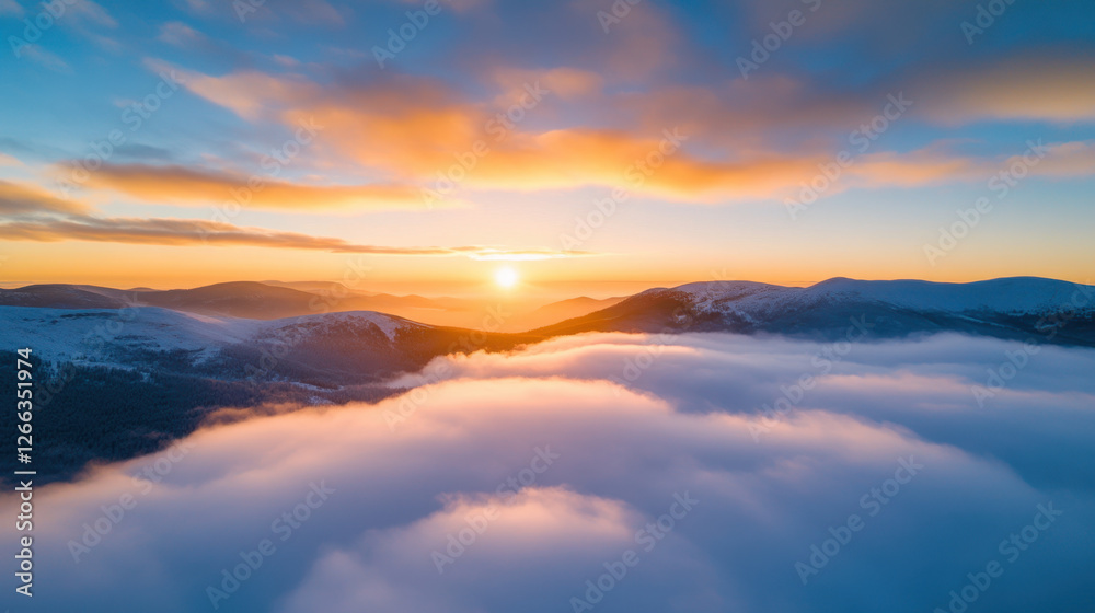 Aerial view of snowy mountains at sunrise, with clouds below creating serene atmosphere. vibrant colors of sky reflect beauty of nature Aerial view of snowy mountains at sunrise, with clouds below creating serene atmosphere. vibrant colors of sky reflect beauty of nature