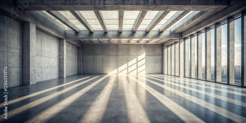 Sunlit Contemporary Concrete Interior Space with Expansive Windows and High Ceilings