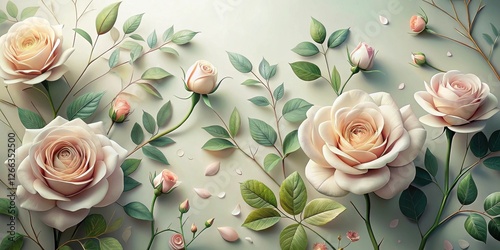 Elegant Cream Roses and Lush Green Foliage Arranged in a Serene Floral Composition