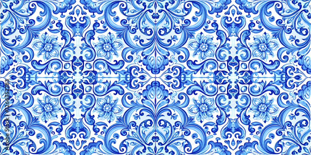 Vector decorative pattern blue and white design with frame or border. Baroque Vector mosaic. Traced watercolo. Capri Majolica