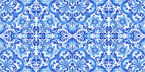 Keuken achterwand Portugese tegeltjes patronen Vector decorative pattern blue and white design with frame or border. Baroque Vector mosaic. Traced watercolo. Capri Majolica  © yuliana_s