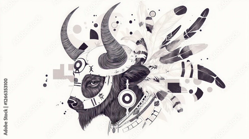 Obraz premium Monochrome Bull Tribal Headgear Feathers Geometric Art Ink Sketch