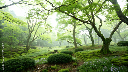 relax forest therapy concept as etheric clearing hosts lush aromas dense greens mild breezes washing psychic debris granting soothing grounded revival in  Photo Stock  Concept  and empty space on the 