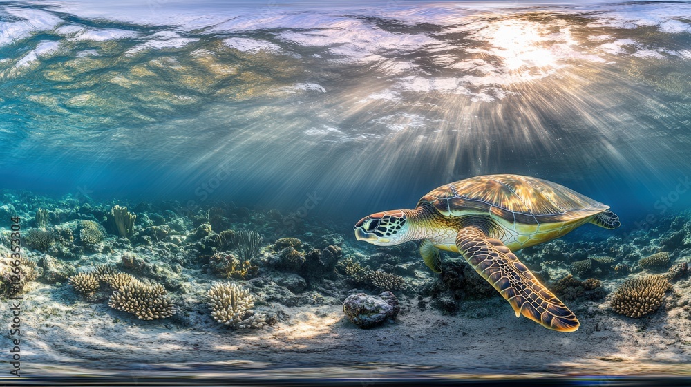 Obraz premium Underwater scene featuring a turtle swimming gracefully above coral reefs with sunlight filtering through