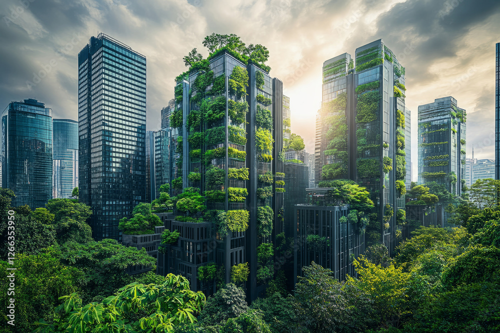 Obraz premium Sustainable Green City with Eco-Friendly Skyscrapers and Urban Forest