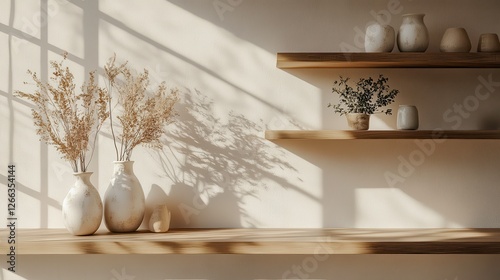 A serene interior scene featuring decorative vases and dried flowers on wooden shelves, illuminated by soft sunlight.