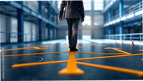 Role play entrepreneur paces vast space strategizing business expansion building networks forging new paths concept as Open area highlights planner extending reach nurturing growth channels expanding 