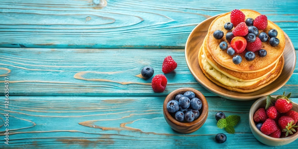 Delicious fluffy pancakes topped with fresh raspberries and blueberries, served on a rustic wooden table Delicious fluffy pancakes topped with fresh raspberries and blueberries, served on a rustic wooden table