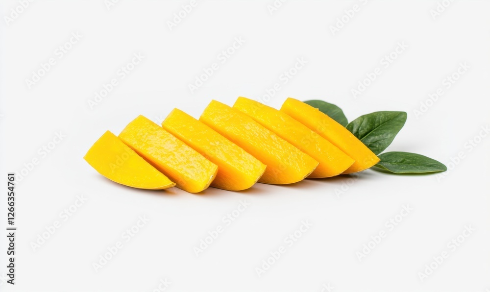 Freshly sliced mango pieces arranged artistically on a white background with green leaves Freshly sliced mango pieces arranged artistically on a white background with green leaves