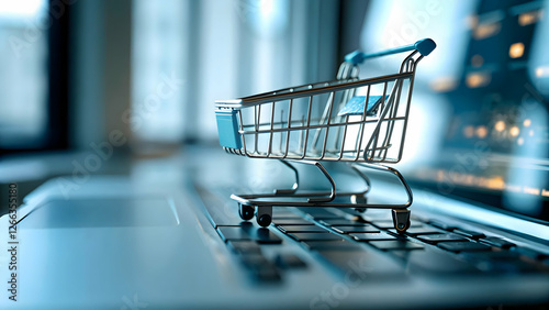 Shopping cart metrics illustrated by a futuristic cart icon with e commerce statistics in a modern online retail environment. concept as Depiction of a futuristic cart icon displaying e commerce stati photo
