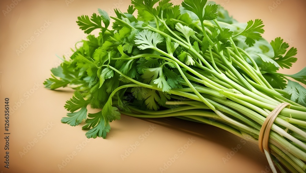 A vibrant, photorealistic illustration of a bundle of fresh coriander, with delicate, lace-like green leaves and thin, brown stems, set against a warm, earthy background that evokes a sense of natural A vibrant, photorealistic illustration of a bundle of fresh coriander, with delicate, lace-like green leaves and thin, brown stems, set against a warm, earthy background that evokes a sense of natural
