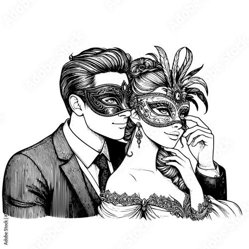 couple with masquerade lineart, isolated on white, illustration of festival costume.