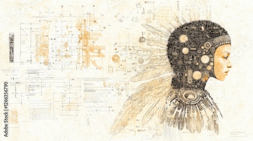 Wallpaper Mural Native American Woman  Mechanical Headdress   Engraving Style  Sepia Tones  Abstract Art Torontodigital.ca