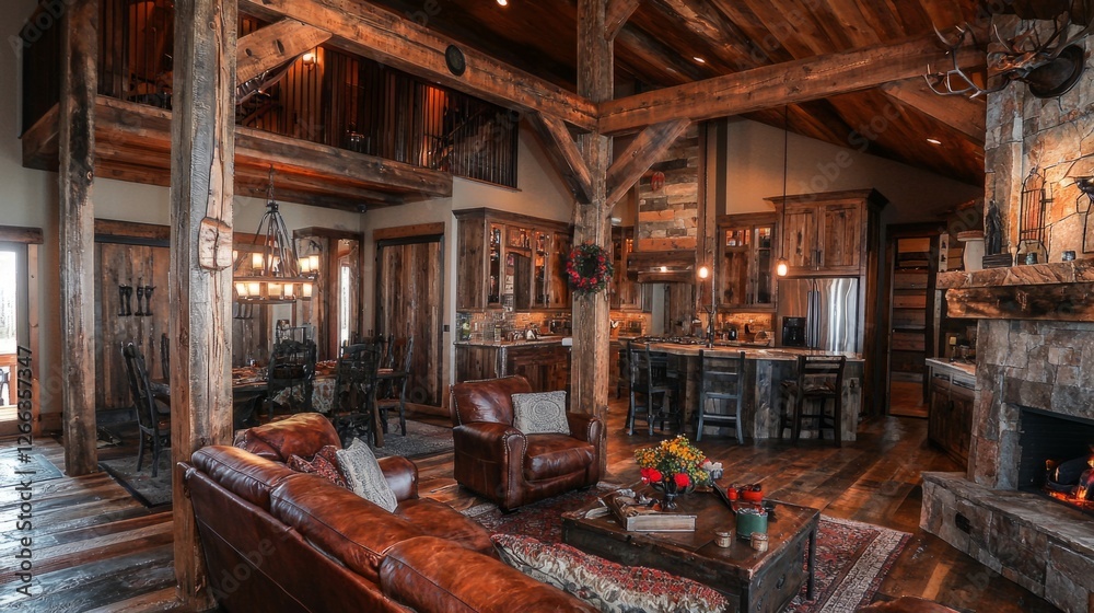 Obraz premium Rustic farmhouse living room with wooden beams, cozy furniture, and copy space.