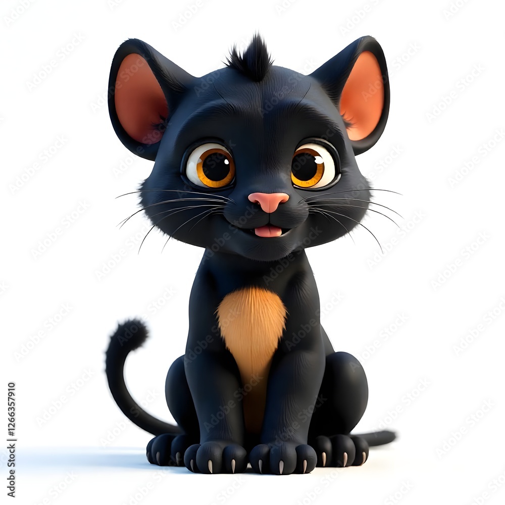 Fototapeta premium Adorable Cartoon Black Kitten Sitting 3D Render Cute Pet Happy Animal Isolated White Background